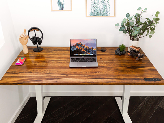 White standing desk frame with a wood-grain tabletop in a home environment, showcasing DELTA CAINA's ergonomic and stylish furniture hardware solutions for modern living spaces.